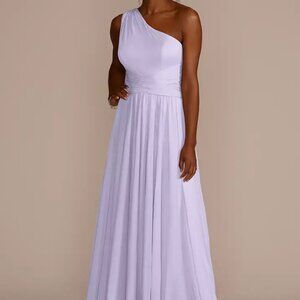David's Bridal Mesh One-Shoulder Dress with Full Skirt in Iris